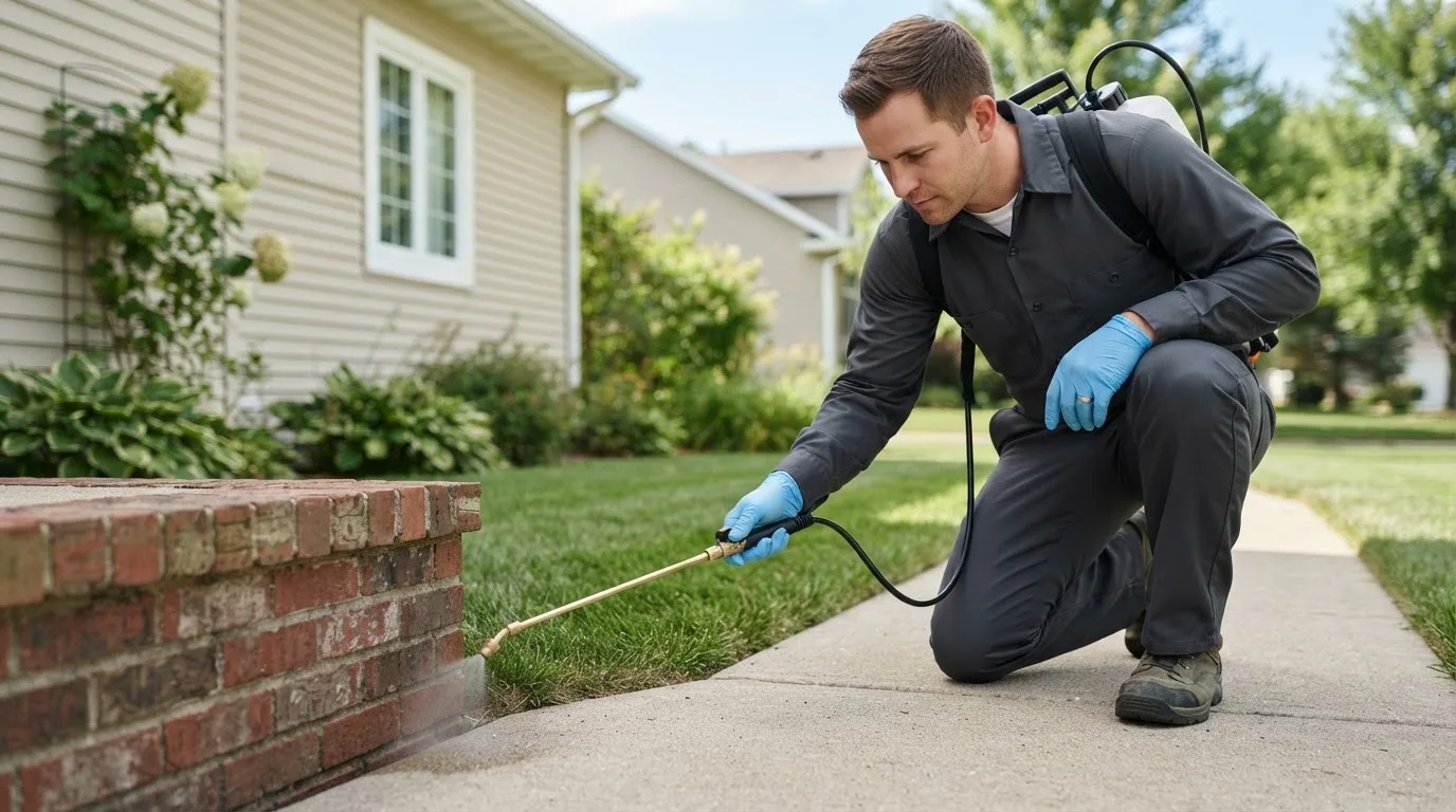 Pest control technician treating a home near Tuscumbia, AL